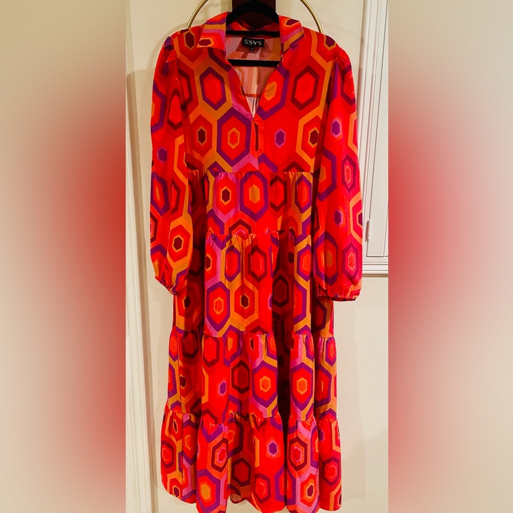 Red Geometric Tiered Casual Dress for Women
